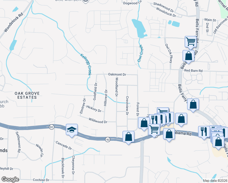 map of restaurants, bars, coffee shops, grocery stores, and more near 5723 Woodland Drive in Acworth