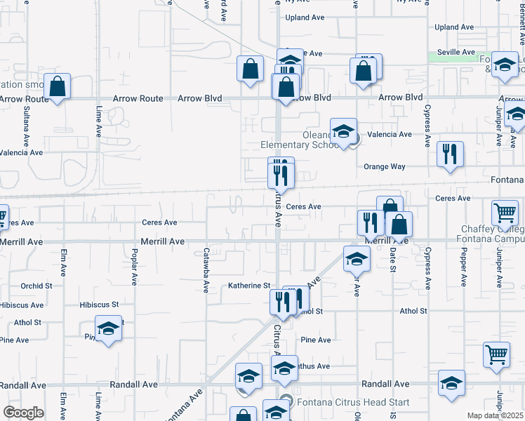 map of restaurants, bars, coffee shops, grocery stores, and more near 8814 Lydia Court in Fontana