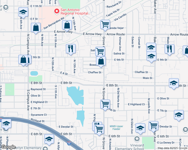 map of restaurants, bars, coffee shops, grocery stores, and more near 1434 Chaffee Street in Upland