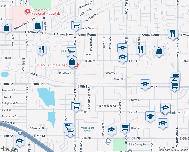 map of restaurants, bars, coffee shops, grocery stores, and more near 8837 North Grove Avenue in Rancho Cucamonga