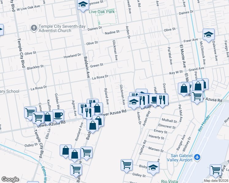 map of restaurants, bars, coffee shops, grocery stores, and more near 4921 Glickman Avenue in Temple City