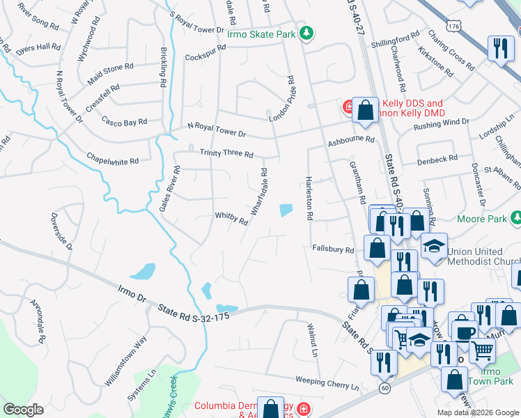 map of restaurants, bars, coffee shops, grocery stores, and more near 346 Wharfsdale Road in Irmo