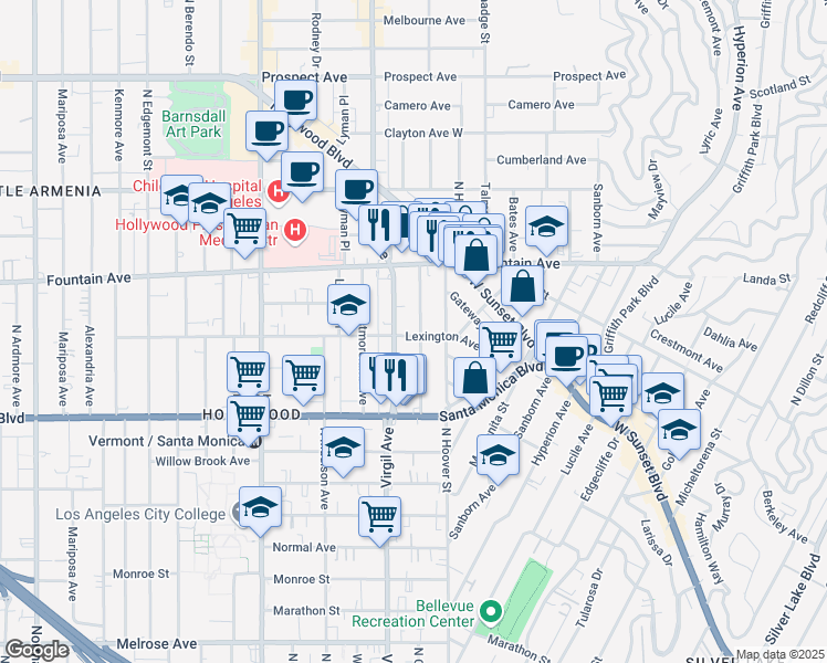 map of restaurants, bars, coffee shops, grocery stores, and more near 1203 North Commonwealth Avenue in Los Angeles