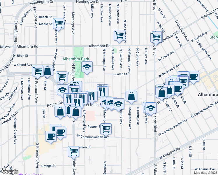 map of restaurants, bars, coffee shops, grocery stores, and more near 118 North Marengo Avenue in Alhambra