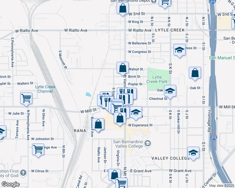map of restaurants, bars, coffee shops, grocery stores, and more near 1335 Oak Street in San Bernardino