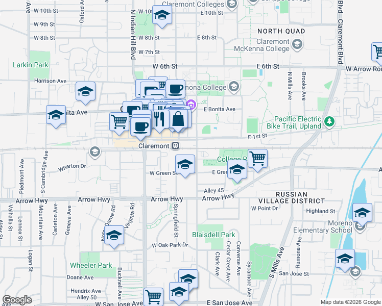 map of restaurants, bars, coffee shops, grocery stores, and more near 111 South College Avenue in Claremont