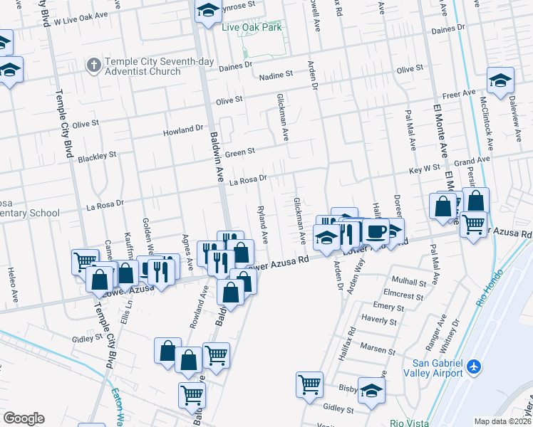 map of restaurants, bars, coffee shops, grocery stores, and more near 4934 Ryland Avenue in Temple City