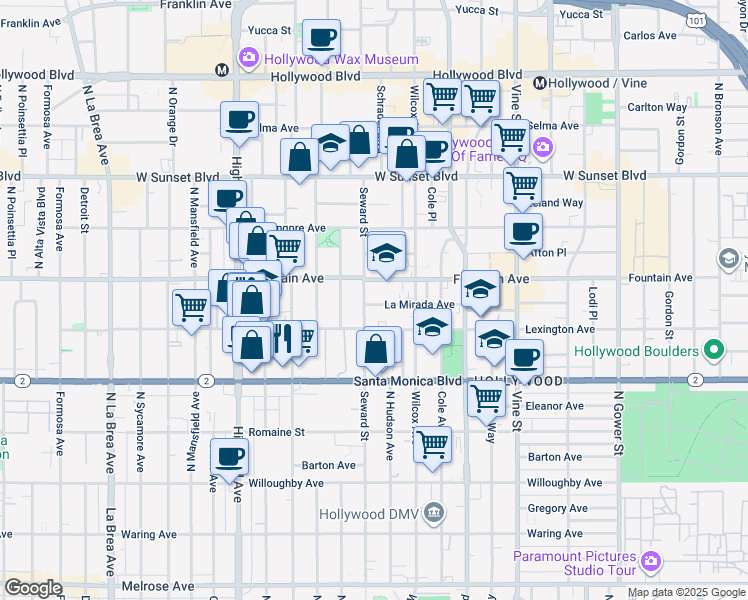 map of restaurants, bars, coffee shops, grocery stores, and more near 6555 La Mirada Avenue in Los Angeles
