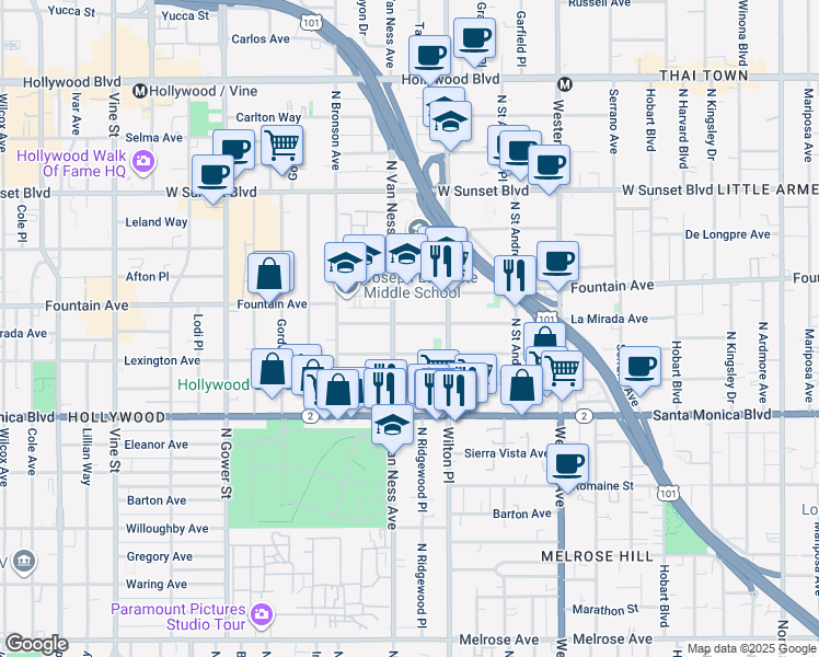 map of restaurants, bars, coffee shops, grocery stores, and more near 5744 La Mirada Avenue in Los Angeles