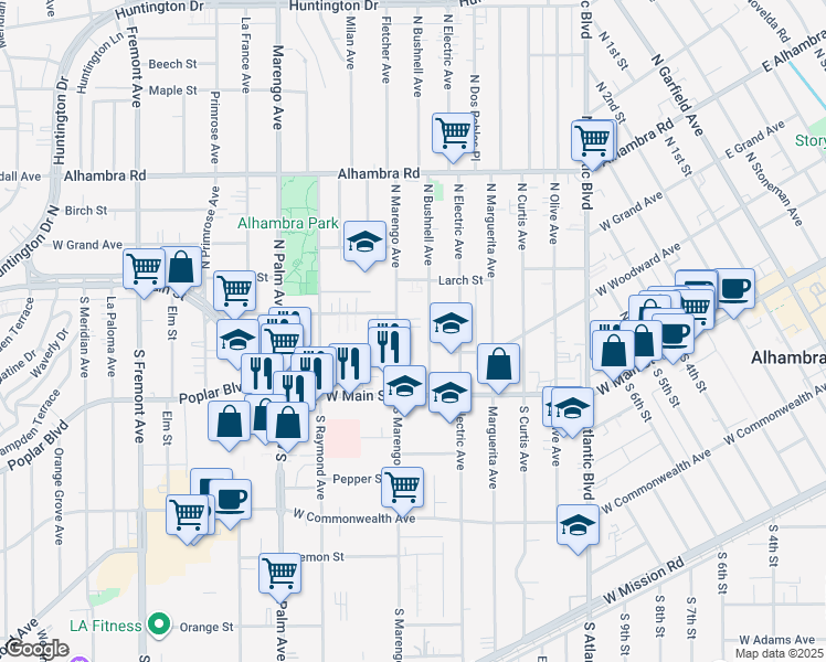 map of restaurants, bars, coffee shops, grocery stores, and more near 118 North Marengo Avenue in Alhambra