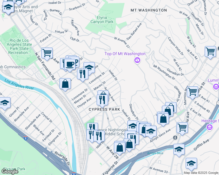 map of restaurants, bars, coffee shops, grocery stores, and more near 3413 Thorpe Avenue in Los Angeles