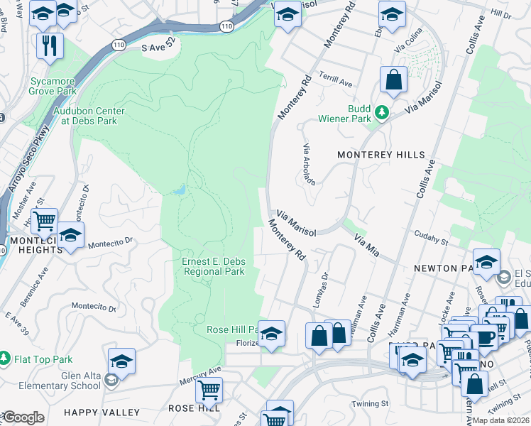 map of restaurants, bars, coffee shops, grocery stores, and more near 4007 Monterey Road in Los Angeles
