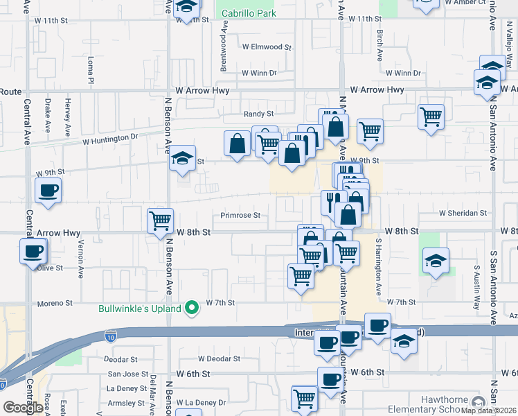 map of restaurants, bars, coffee shops, grocery stores, and more near 134 Coral Way in Upland
