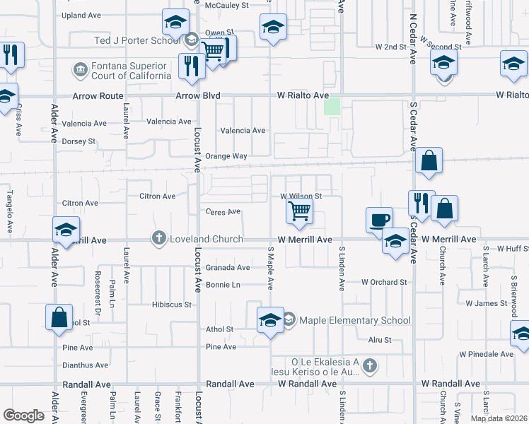 map of restaurants, bars, coffee shops, grocery stores, and more near 8822 South Maple Avenue in Fontana