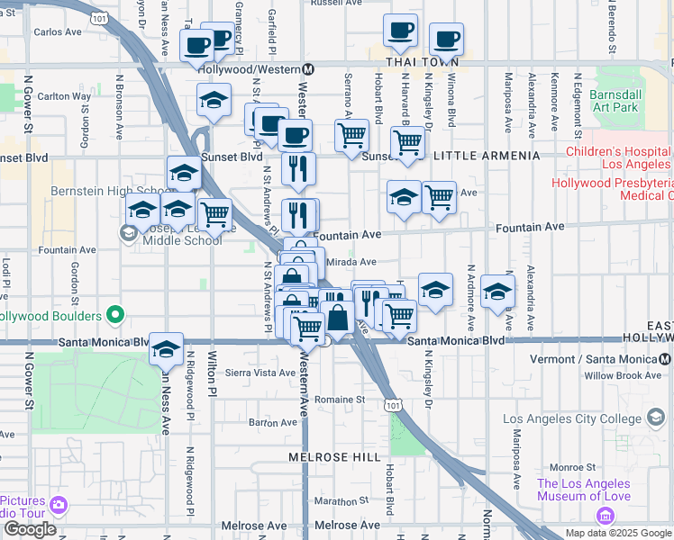 map of restaurants, bars, coffee shops, grocery stores, and more near 5422 La Mirada Avenue in Los Angeles