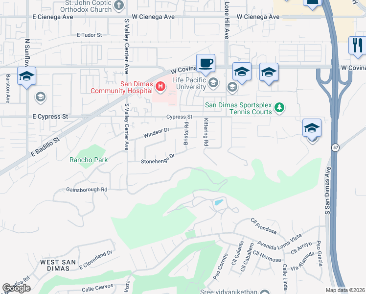 map of restaurants, bars, coffee shops, grocery stores, and more near 943 Bristol Road in San Dimas