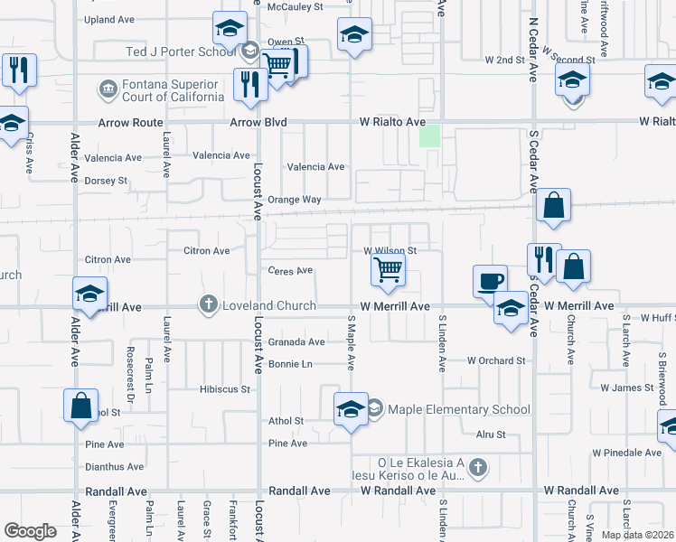 map of restaurants, bars, coffee shops, grocery stores, and more near 8822 South Maple Avenue in Fontana