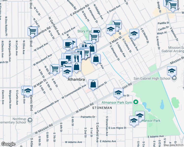 map of restaurants, bars, coffee shops, grocery stores, and more near 58 East Bay State Street in Alhambra