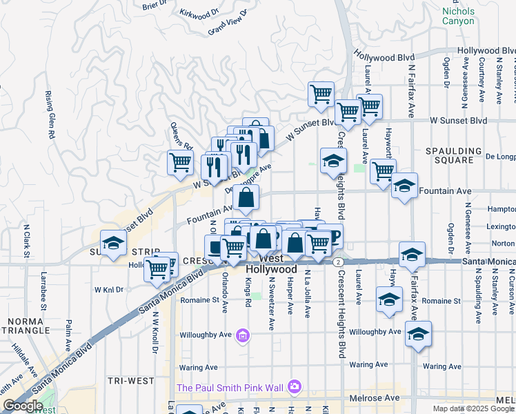 map of restaurants, bars, coffee shops, grocery stores, and more near 1266 Flores Street in West Hollywood