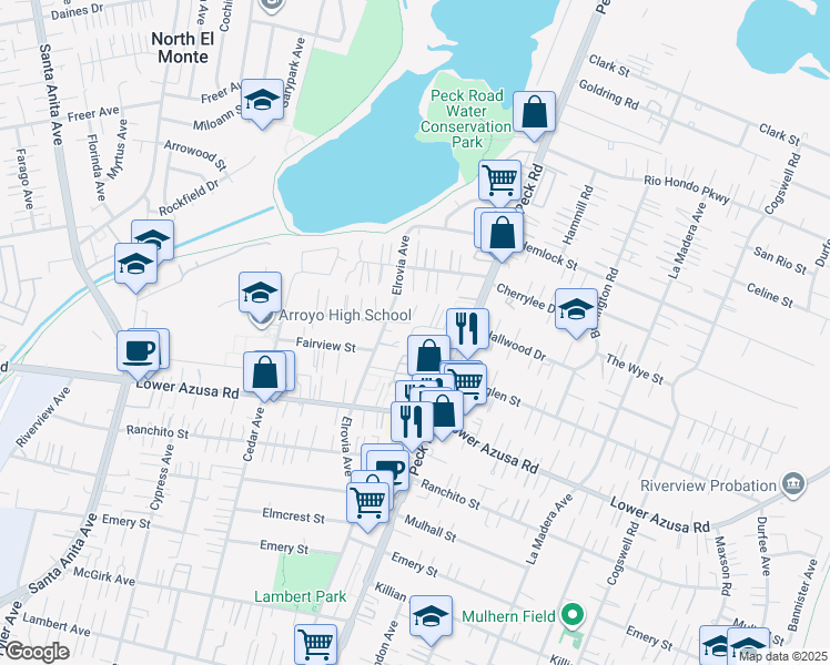 map of restaurants, bars, coffee shops, grocery stores, and more near 11530 Hallwood Drive in El Monte