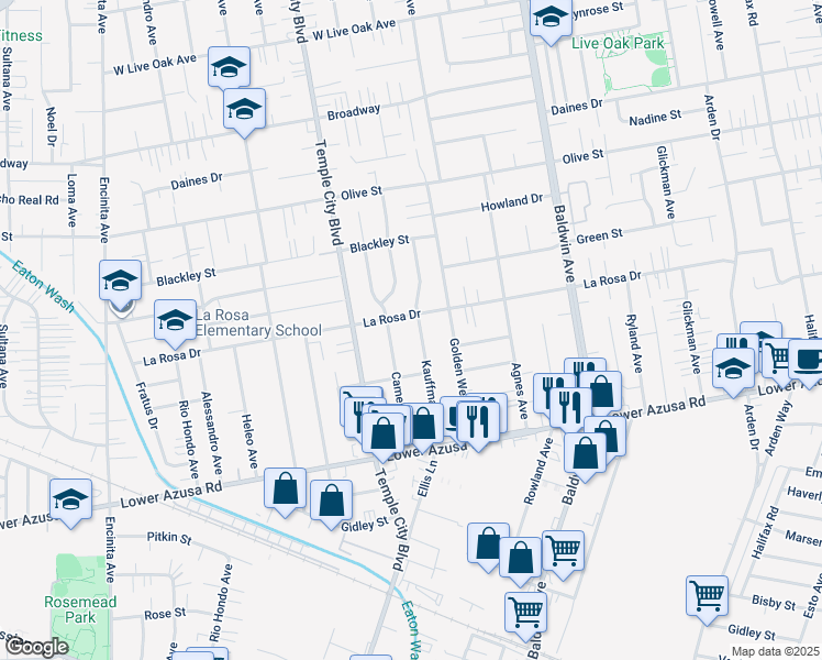 map of restaurants, bars, coffee shops, grocery stores, and more near 5031 Kauffman Avenue in Temple City