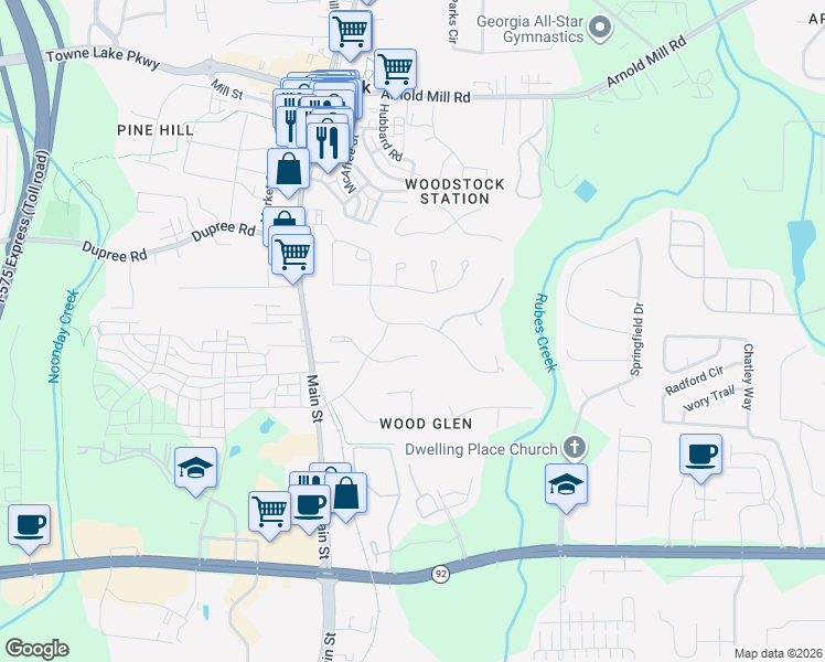 map of restaurants, bars, coffee shops, grocery stores, and more near 337 Windsong Way in Woodstock