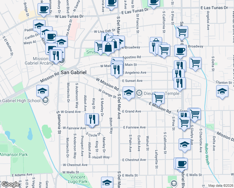 map of restaurants, bars, coffee shops, grocery stores, and more near 711 South Del Mar Avenue in San Gabriel