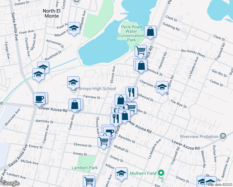 map of restaurants, bars, coffee shops, grocery stores, and more near 11530 Hallwood Drive in El Monte