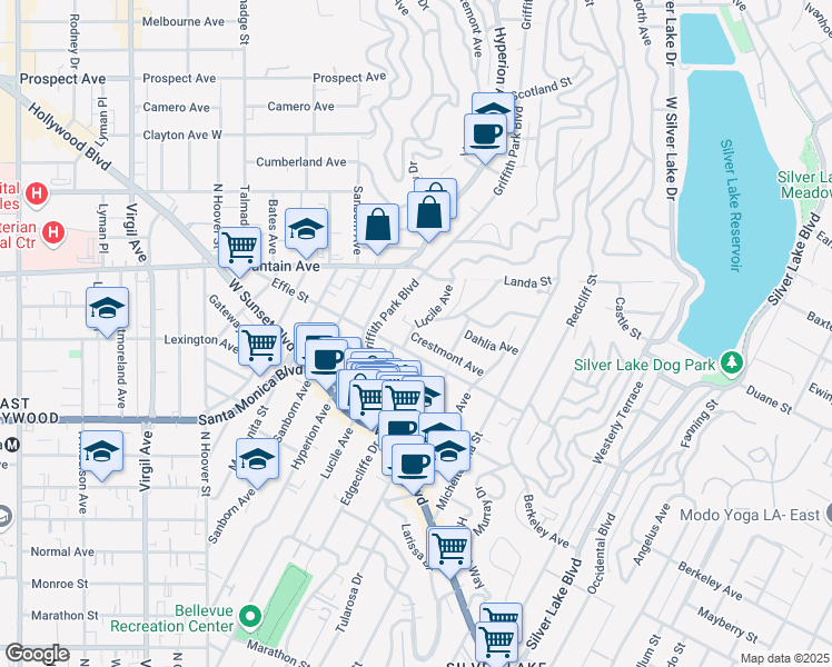 map of restaurants, bars, coffee shops, grocery stores, and more near 3651 Crestmont Avenue in Los Angeles