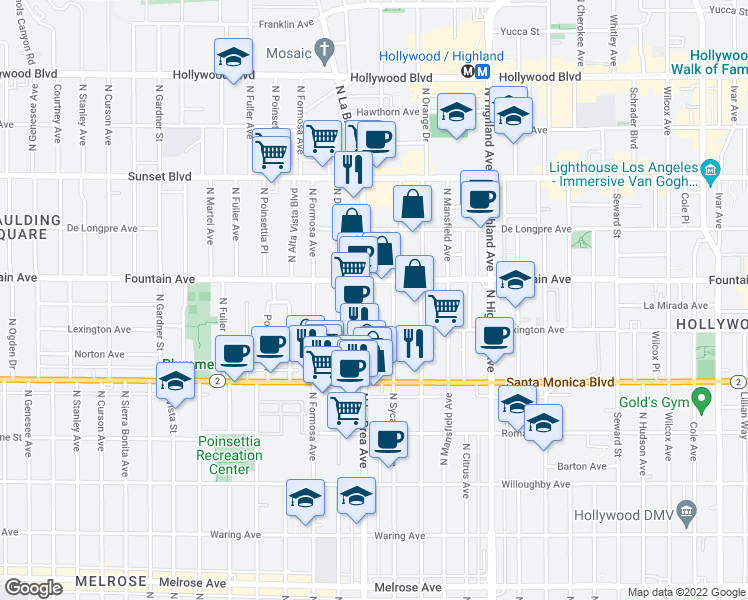 map of restaurants, bars, coffee shops, grocery stores, and more near 1234a North La Brea Avenue in West Hollywood