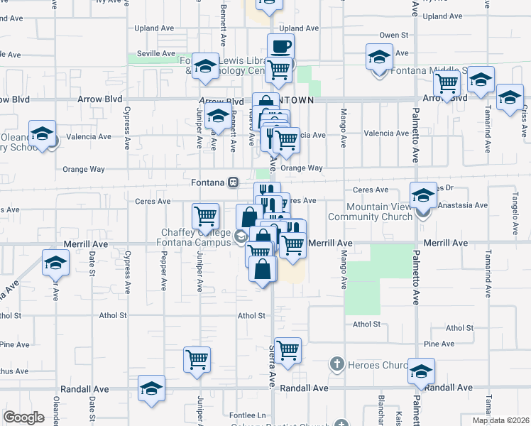 map of restaurants, bars, coffee shops, grocery stores, and more near 8830 Sierra Avenue in Fontana