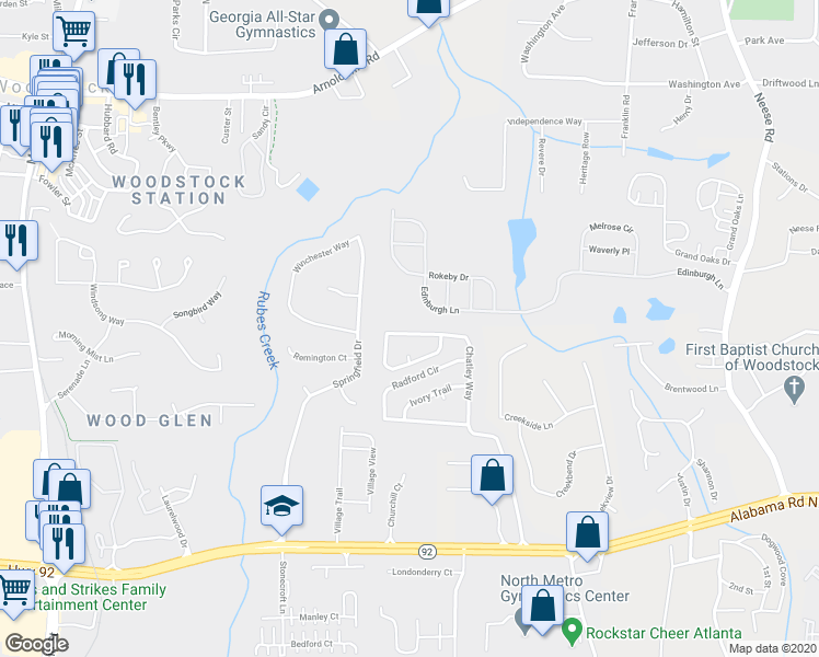 map of restaurants, bars, coffee shops, grocery stores, and more near 1394 Chatley Way in Woodstock