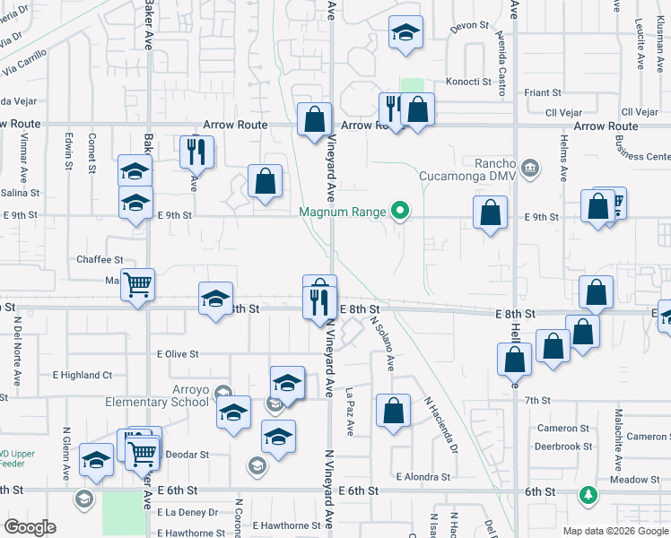 map of restaurants, bars, coffee shops, grocery stores, and more near 8825 Vineyard Avenue in Rancho Cucamonga