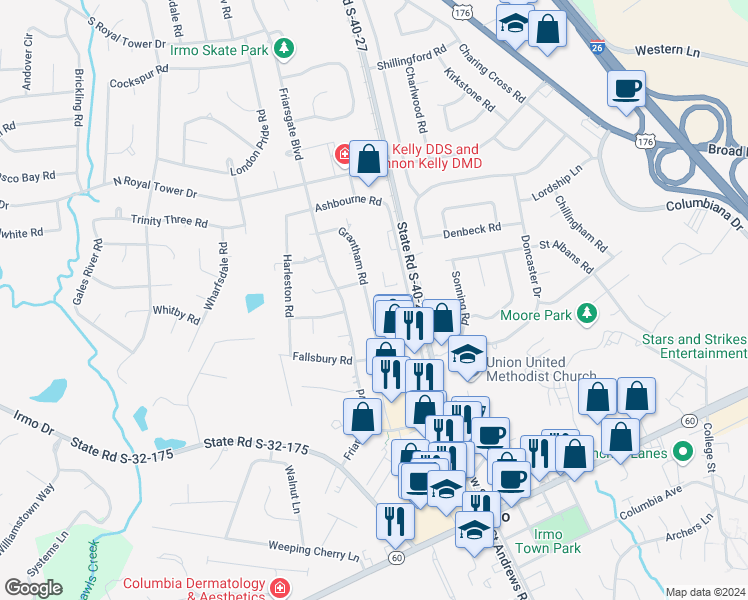 map of restaurants, bars, coffee shops, grocery stores, and more near 411 Grantham Road in Irmo