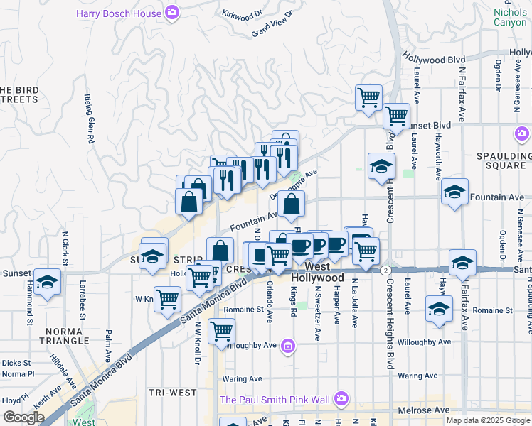 map of restaurants, bars, coffee shops, grocery stores, and more near 8401 Fountain Avenue in West Hollywood