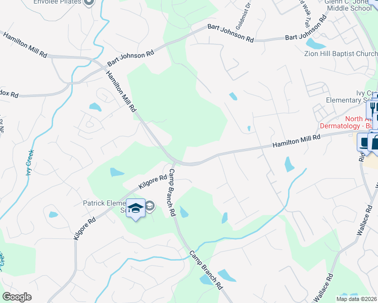 map of restaurants, bars, coffee shops, grocery stores, and more near 3525 Hamilton Mill Road in Buford