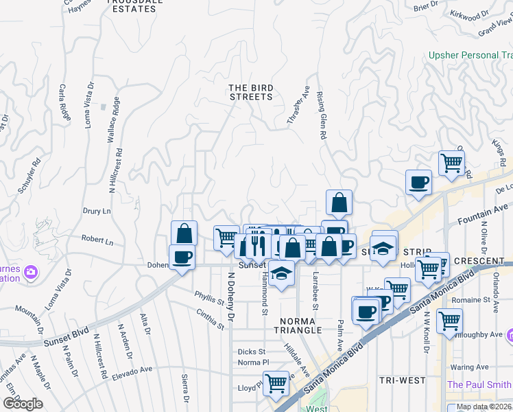 map of restaurants, bars, coffee shops, grocery stores, and more near 8929 Saint Ives Drive in Los Angeles
