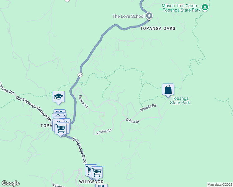 map of restaurants, bars, coffee shops, grocery stores, and more near 21263 Entrada Road in Topanga