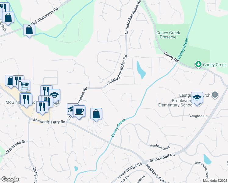 map of restaurants, bars, coffee shops, grocery stores, and more near 1518 Robins Walk in Alpharetta