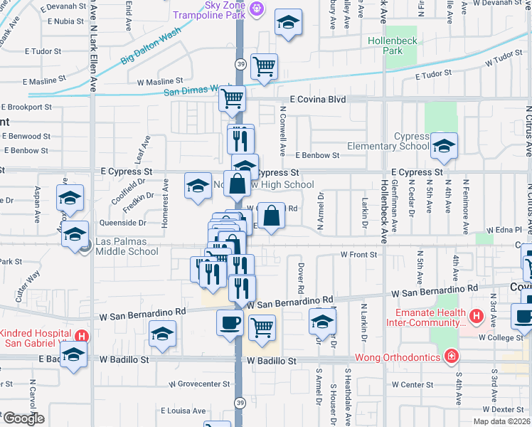 map of restaurants, bars, coffee shops, grocery stores, and more near 821 West Edna Place in Covina