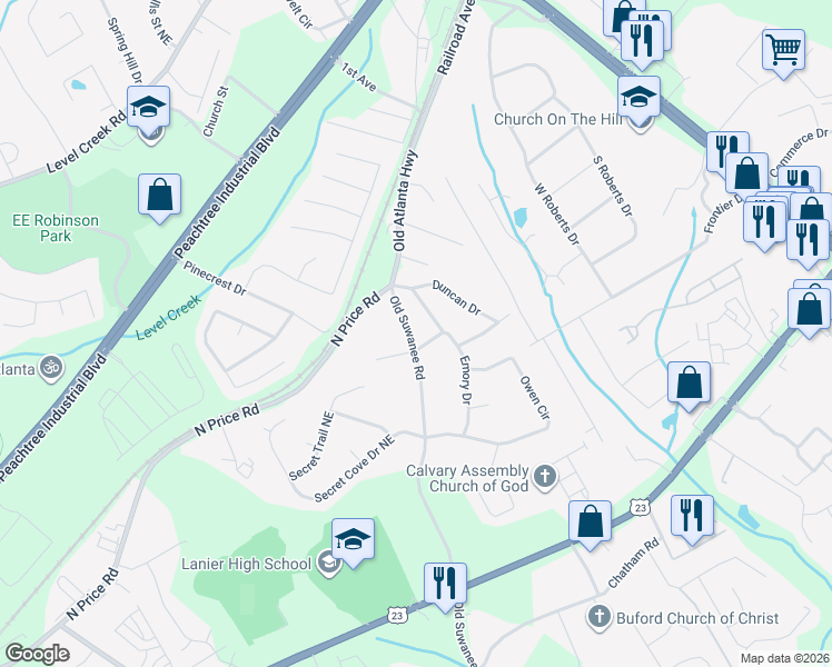 map of restaurants, bars, coffee shops, grocery stores, and more near 4551 Old Suwanee Road in Buford