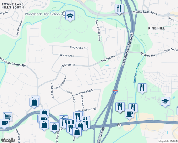 map of restaurants, bars, coffee shops, grocery stores, and more near 114 Village Green Avenue in Woodstock