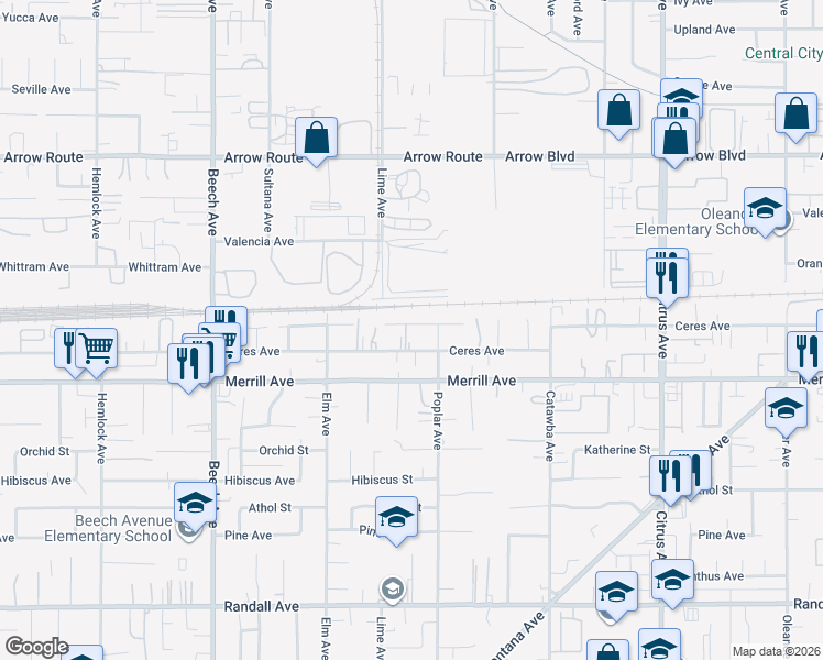 map of restaurants, bars, coffee shops, grocery stores, and more near 15639 Citron Avenue in Fontana