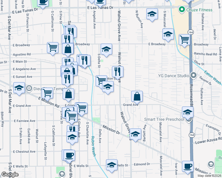 map of restaurants, bars, coffee shops, grocery stores, and more near 5093 Walnut Grove Avenue in San Gabriel