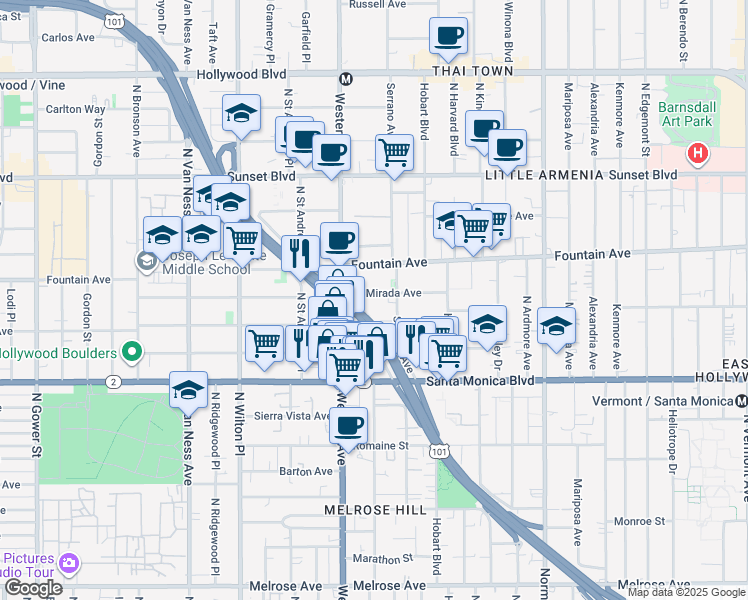 map of restaurants, bars, coffee shops, grocery stores, and more near 5426 La Mirada Avenue in Los Angeles