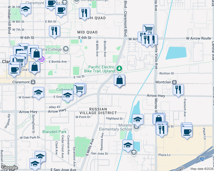 map of restaurants, bars, coffee shops, grocery stores, and more near 567 Wayland Court in Claremont