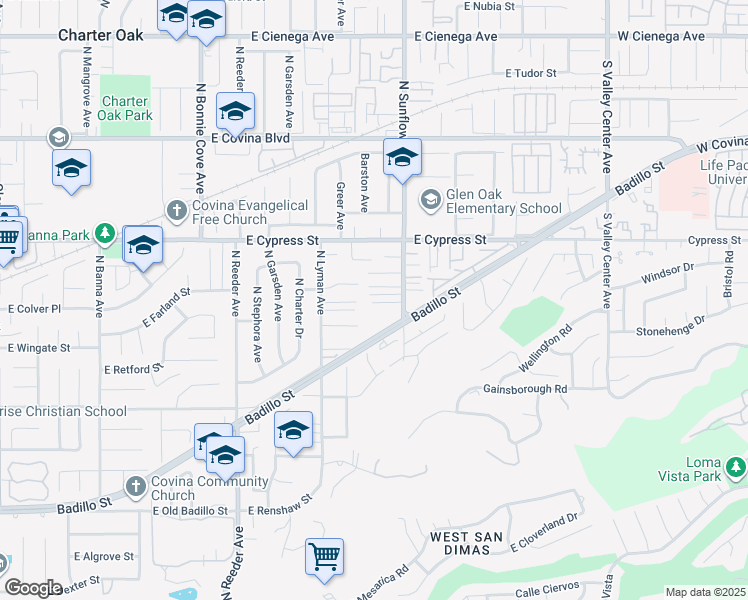 map of restaurants, bars, coffee shops, grocery stores, and more near 4421 North Sunflower Avenue in Covina