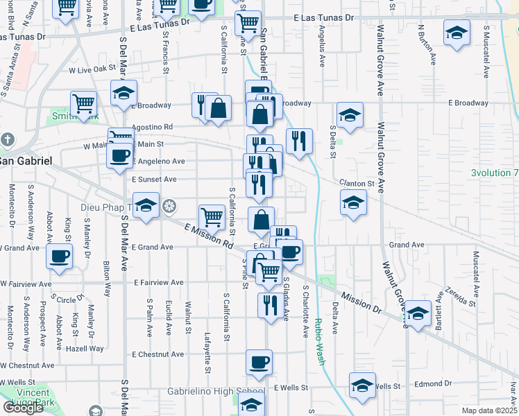 map of restaurants, bars, coffee shops, grocery stores, and more near 717 Pearl Street in San Gabriel
