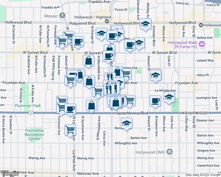 map of restaurants, bars, coffee shops, grocery stores, and more near 1233 North Highland Avenue in Los Angeles
