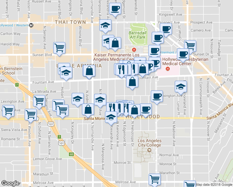 map of restaurants, bars, coffee shops, grocery stores, and more near 1200 North Kenmore Avenue in Los Angeles